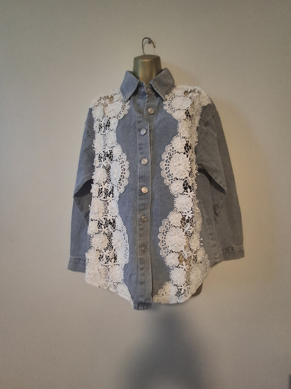 Gray Denim Lace-Panel Button-Up Blouse